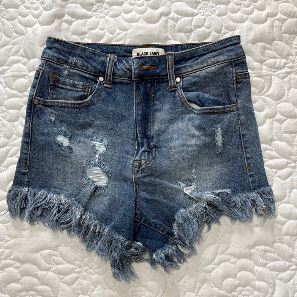 Black Label Blue Jean Shorts with Frayed Hem